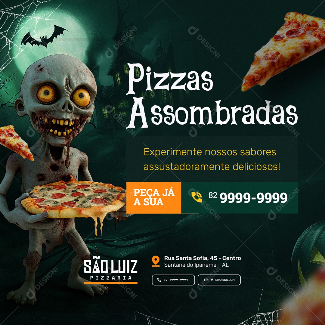 Pizzaria Halloween Pizzas Assombradas Social Media PSD Editável