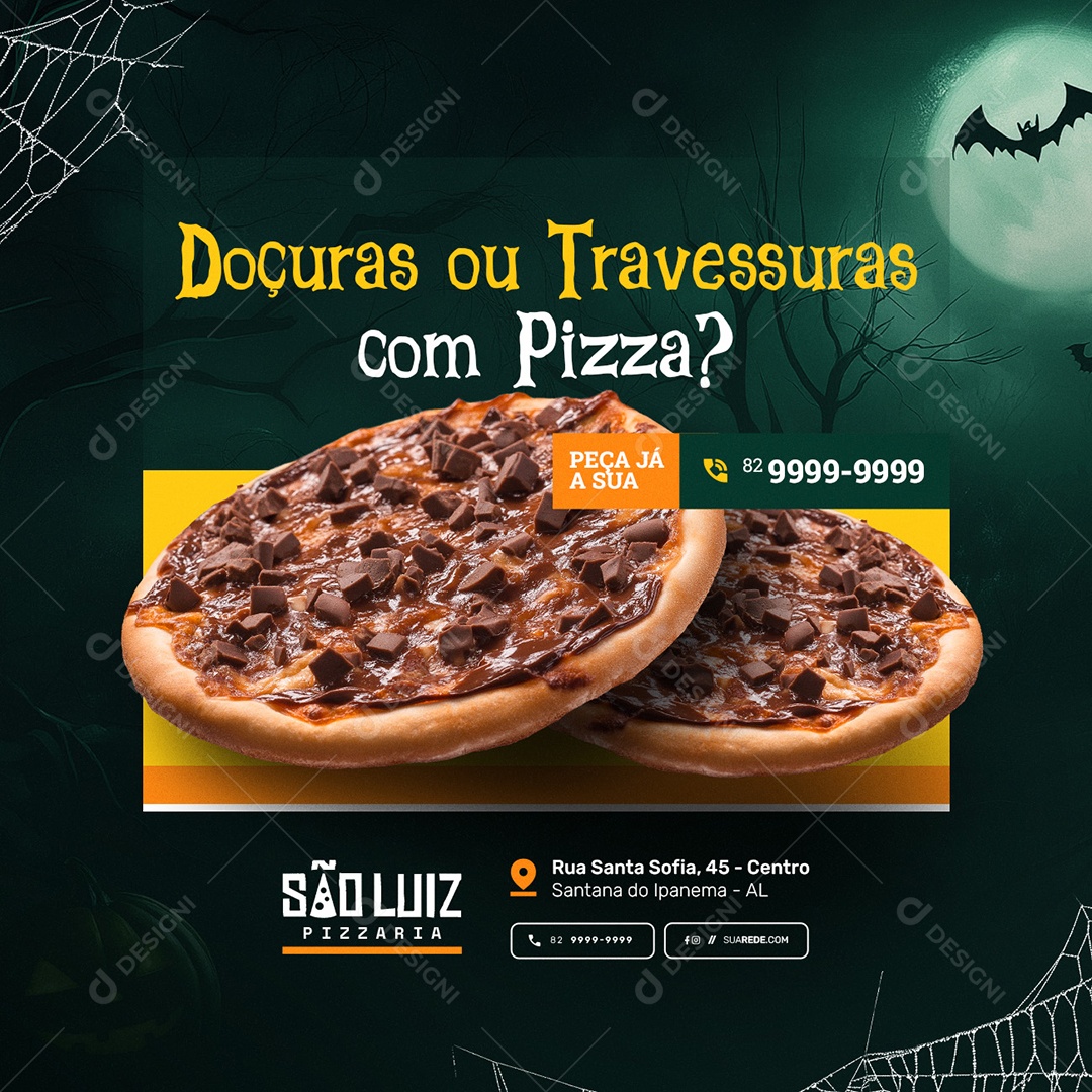 Pizzaria Halloween Doçuras ou Travessuras com Pizza Social Media PSD Editável