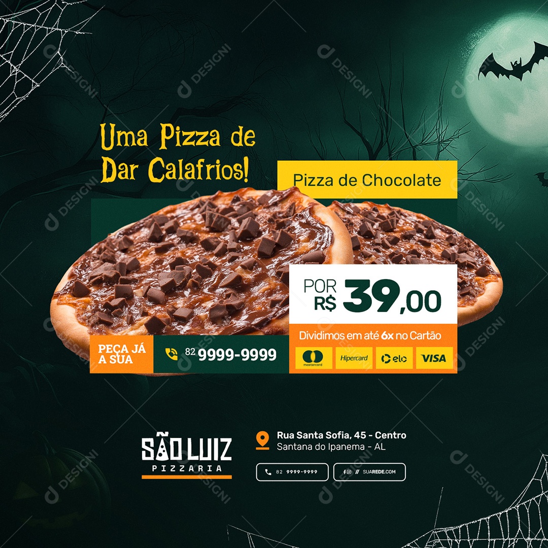 Pizzaria Halloween Pizza de Chocolate Social Media PSD Editável