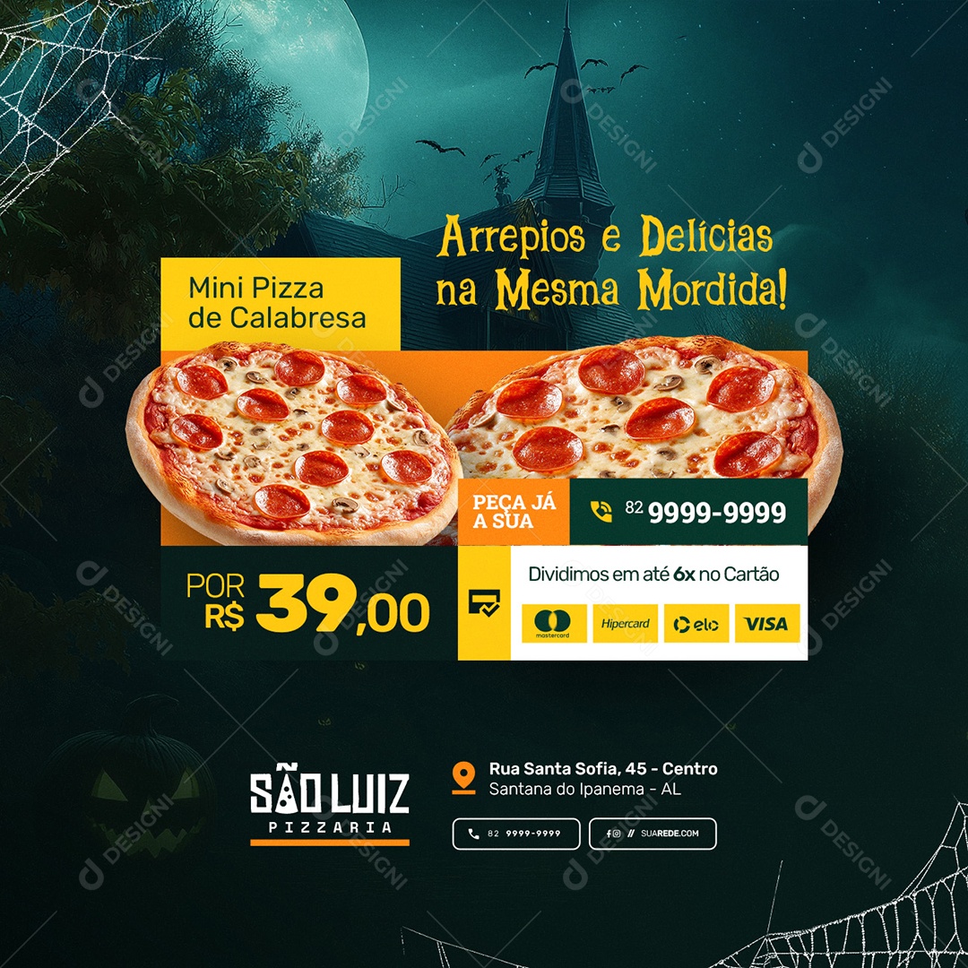 Pizzaria Halloween Mini Pizza de Calabresa Arrepidos e Delícias Social Media PSD Editável