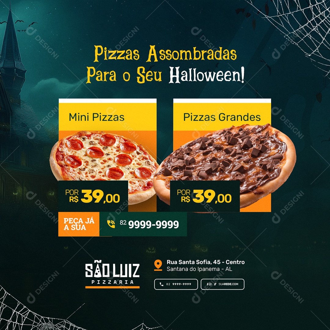 Pizzaria Halloween Pizzas Assombradas Social Media PSD Editável