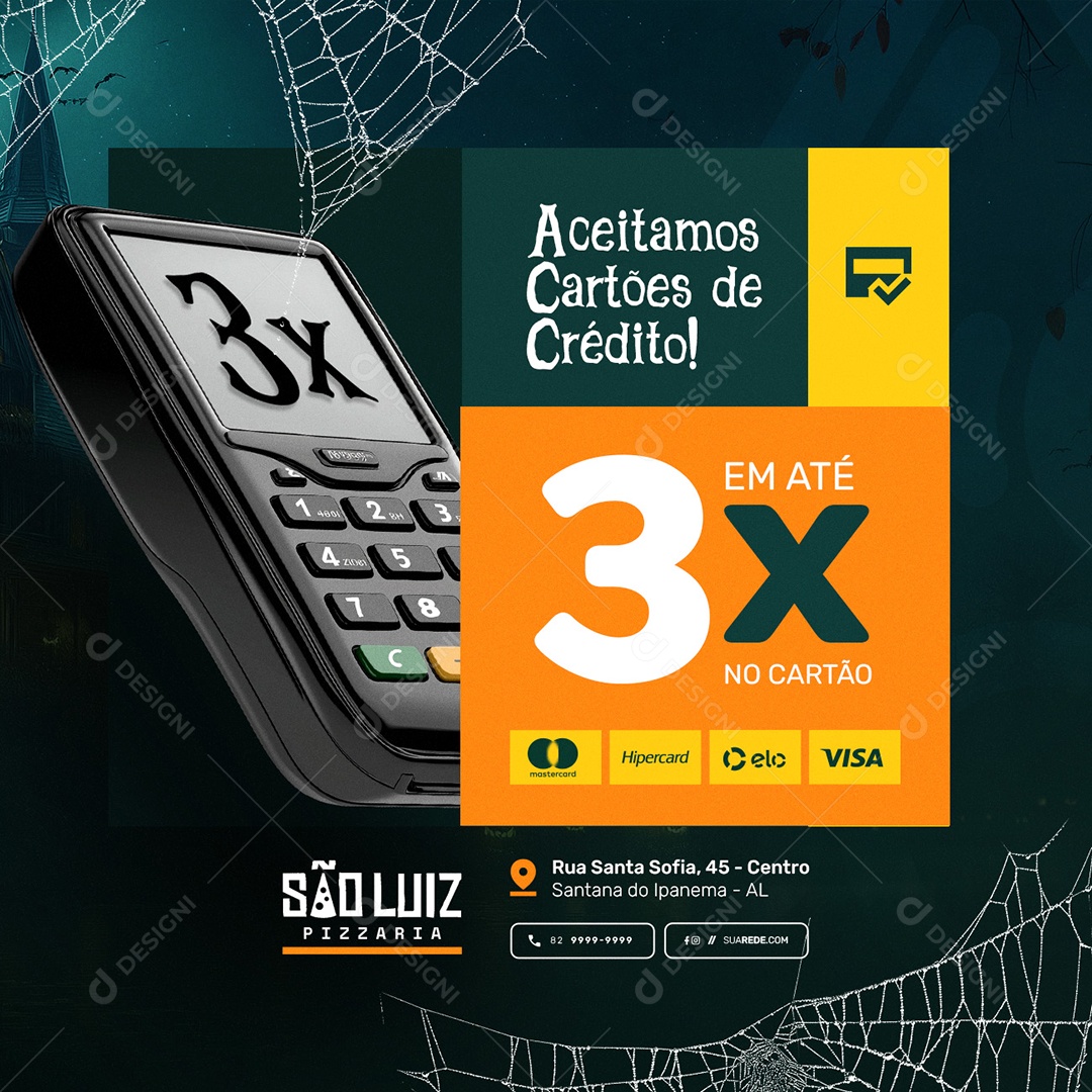 Pizzaria Halloween Aceitamos Cartões de Crédito Social Media PSD Editável