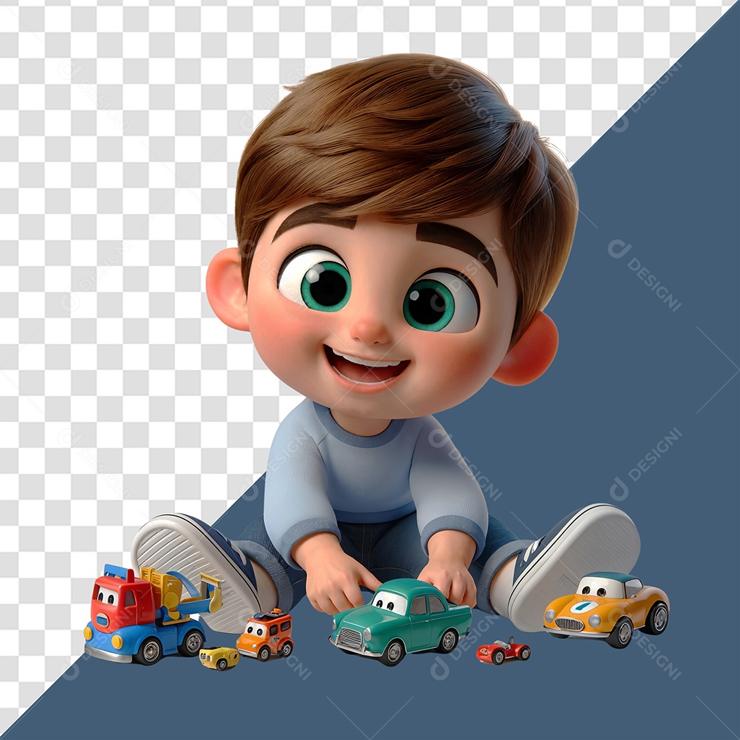 Personagem 3D Criança Feliz Brincando Com Carros de Brinquedo para Composição PSD