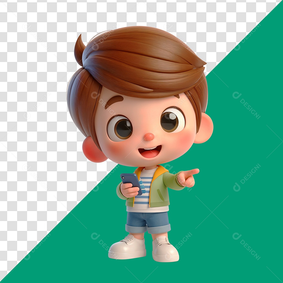 Personagem 3D Criança Com Celular na Mão para Composição PSD
