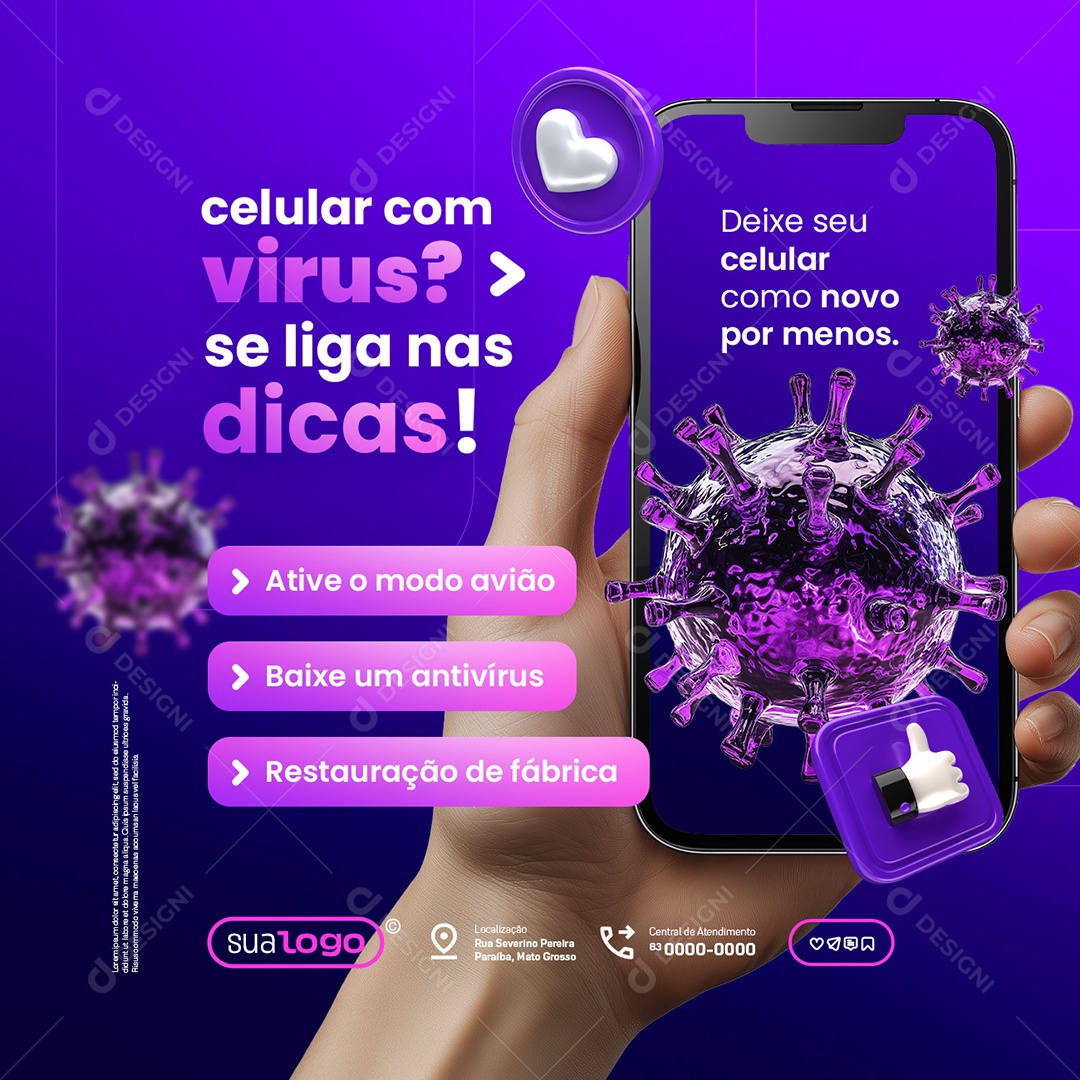Manutenção de Celulares Celular com Virus Se Liga nas Dicas Social Media PSD Editável