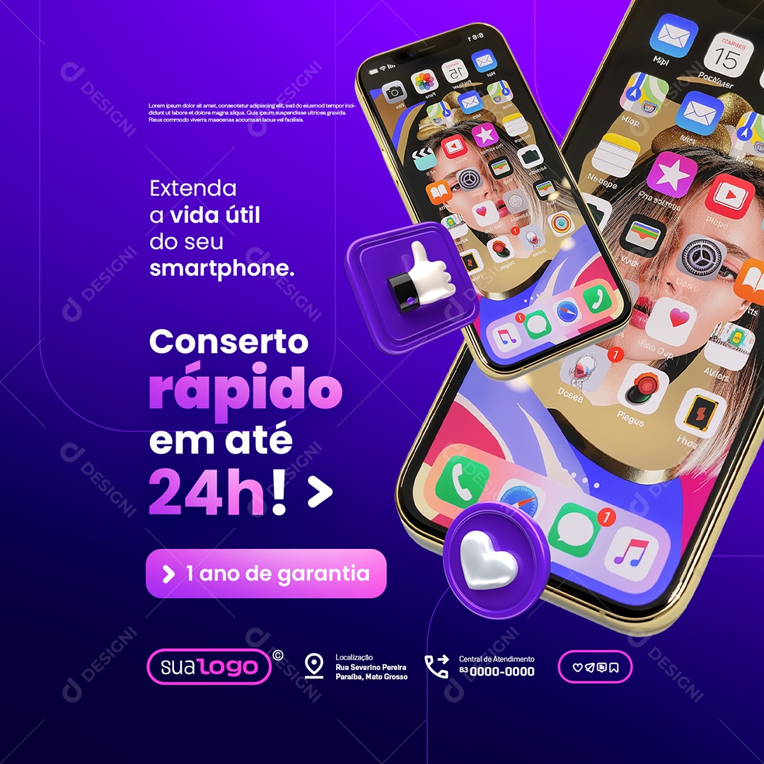 Manutenção de Celulares Conserto Rápido em Até 24h Social Media PSD Editável
