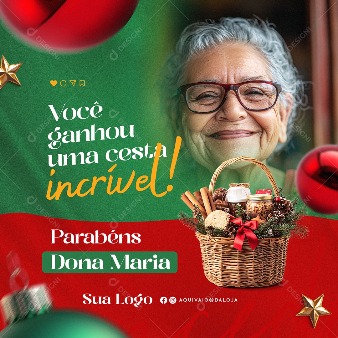 Ganhadores Parabéns Dona Maria Você Ganhou uma Cesta Feliz Natal Social Media PSD Editável