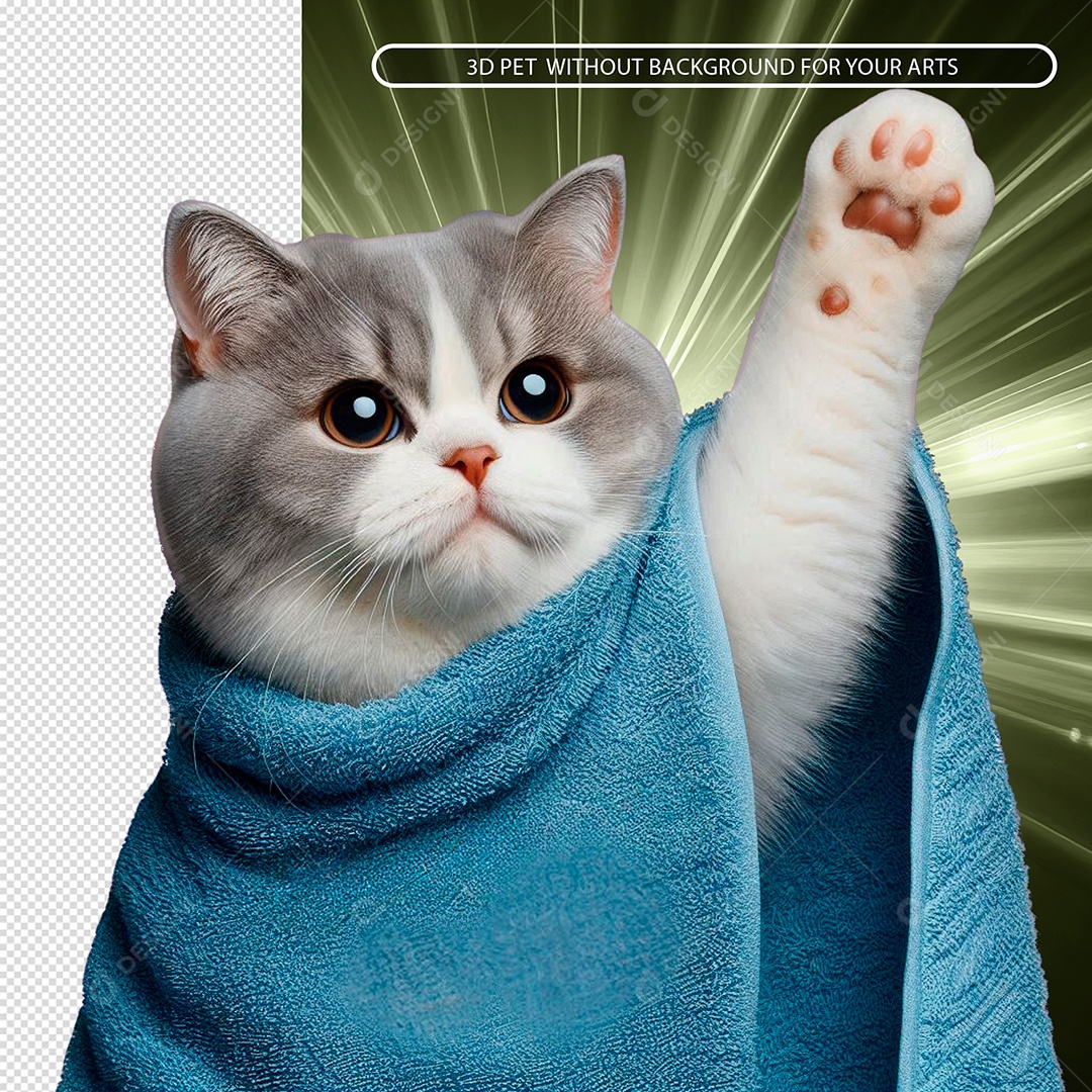 Gatinho De Toalha Dando Tchau Elemento 3D para Composição PSD