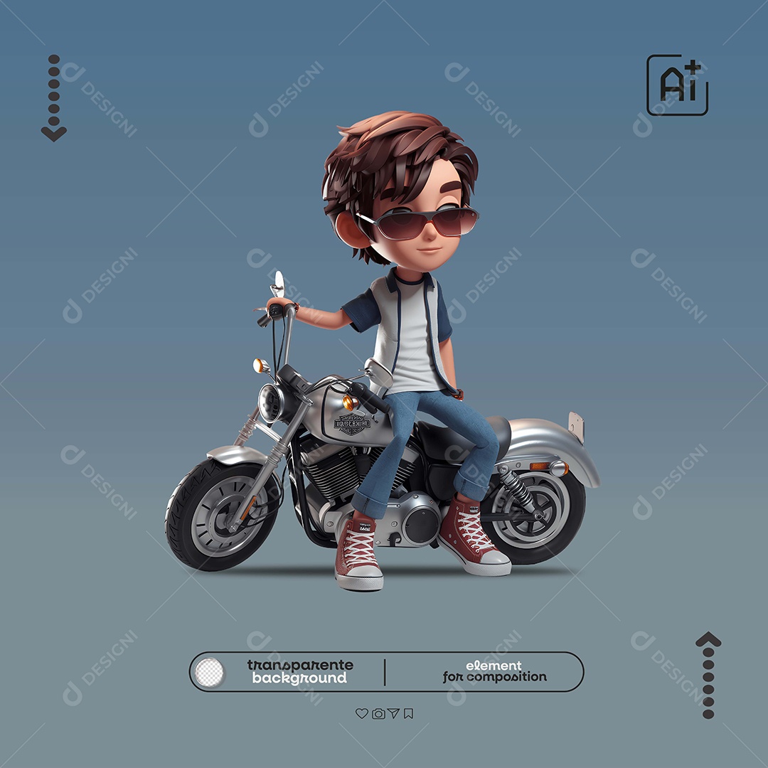 Elemento 3D Criança Encostada na Moto  para Composição PSD