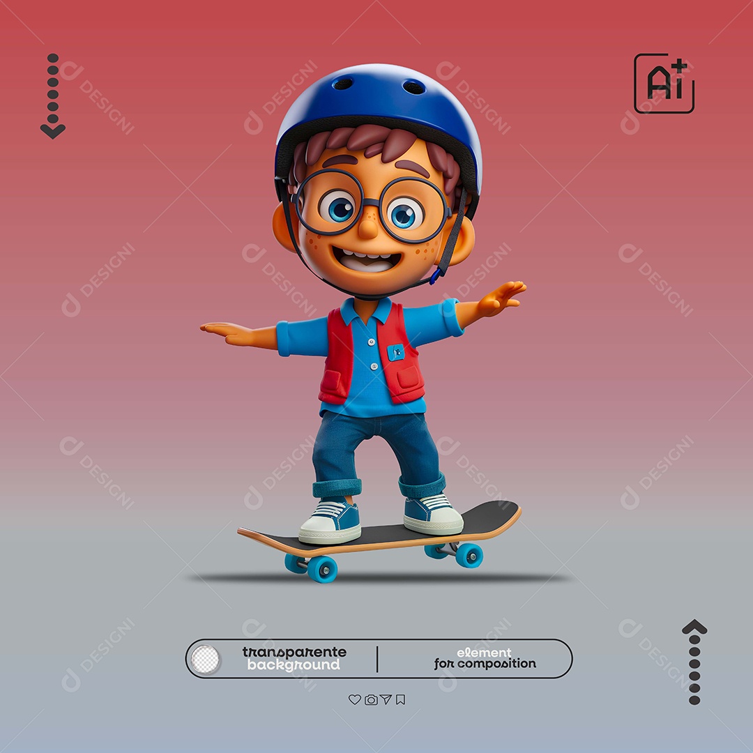 Elemento 3D Crianças Andando de Skate para Composição PSD