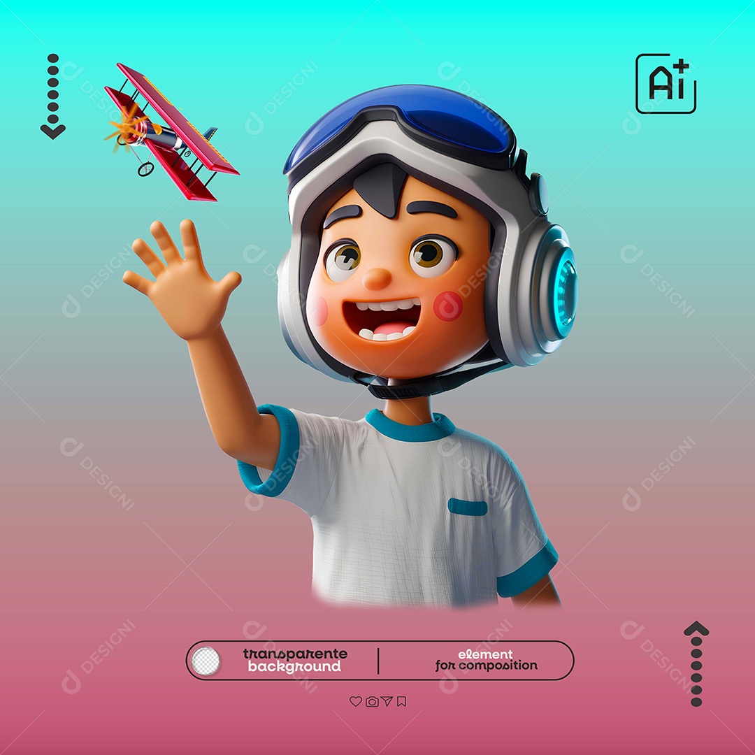 3D Element Kids Playing with Plane for PSD Composition