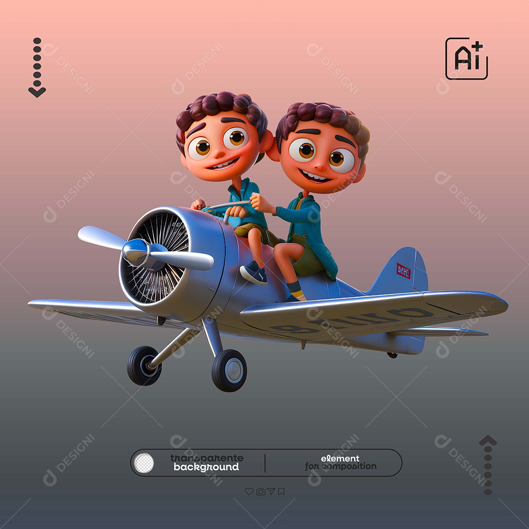 Elemento 3D Crianças em Avião para Composição PSD