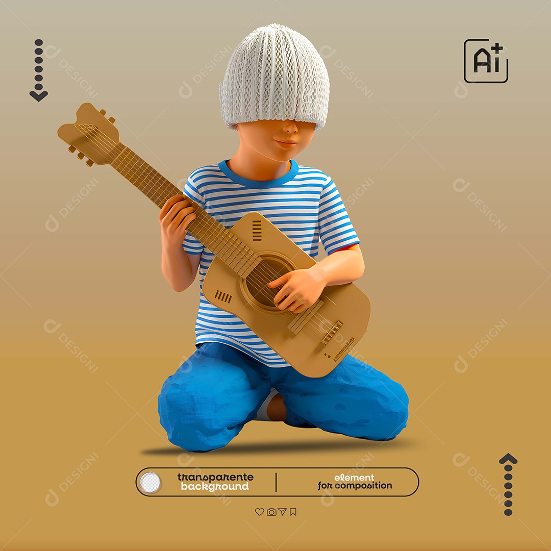 Elemento 3D Menino Com Violão para Composição PSD