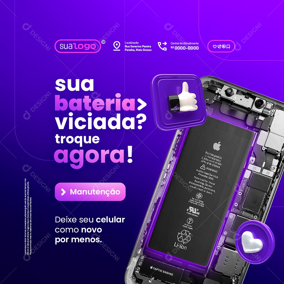 Manutenção de Celulares Sua Bateria Viciada Troque Agora Social Media PSD Editável