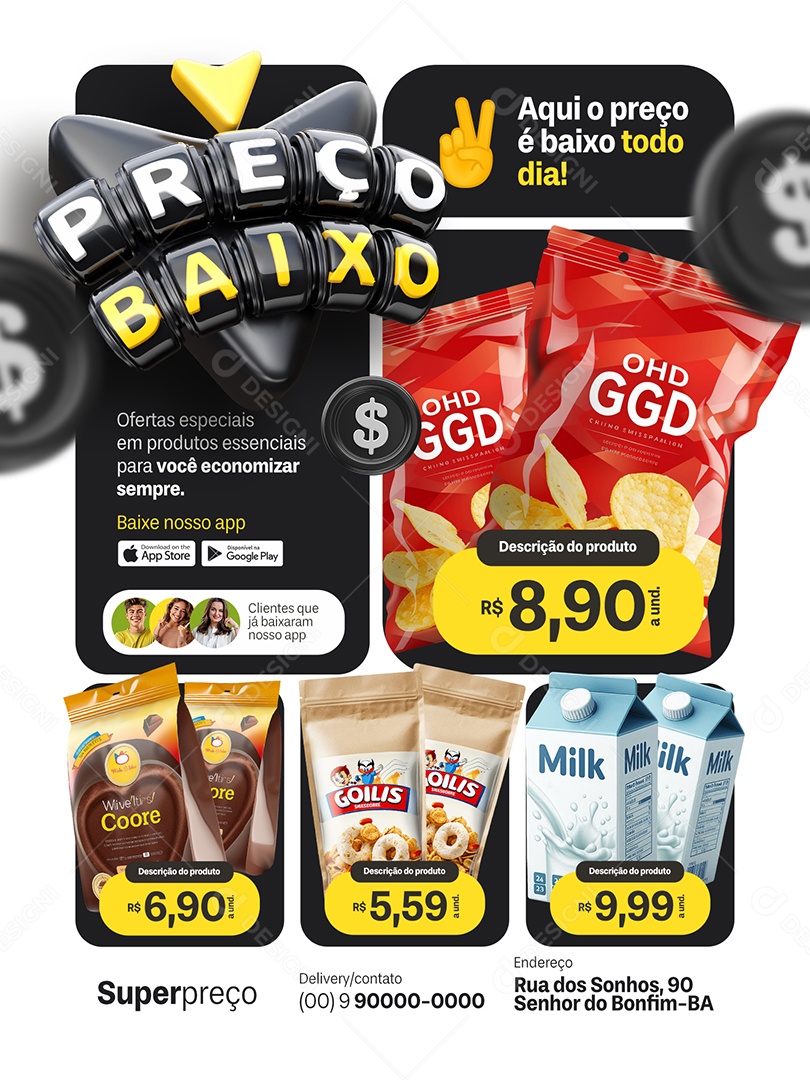 Preço Baixo Supermercado Encarte Ofertas Especiais Social Media PSD Editável