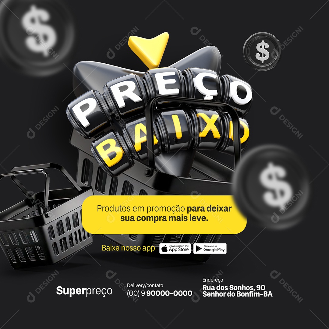 Preço Baixo Supermercado Produtos em Promoção Social Media PSD Editável