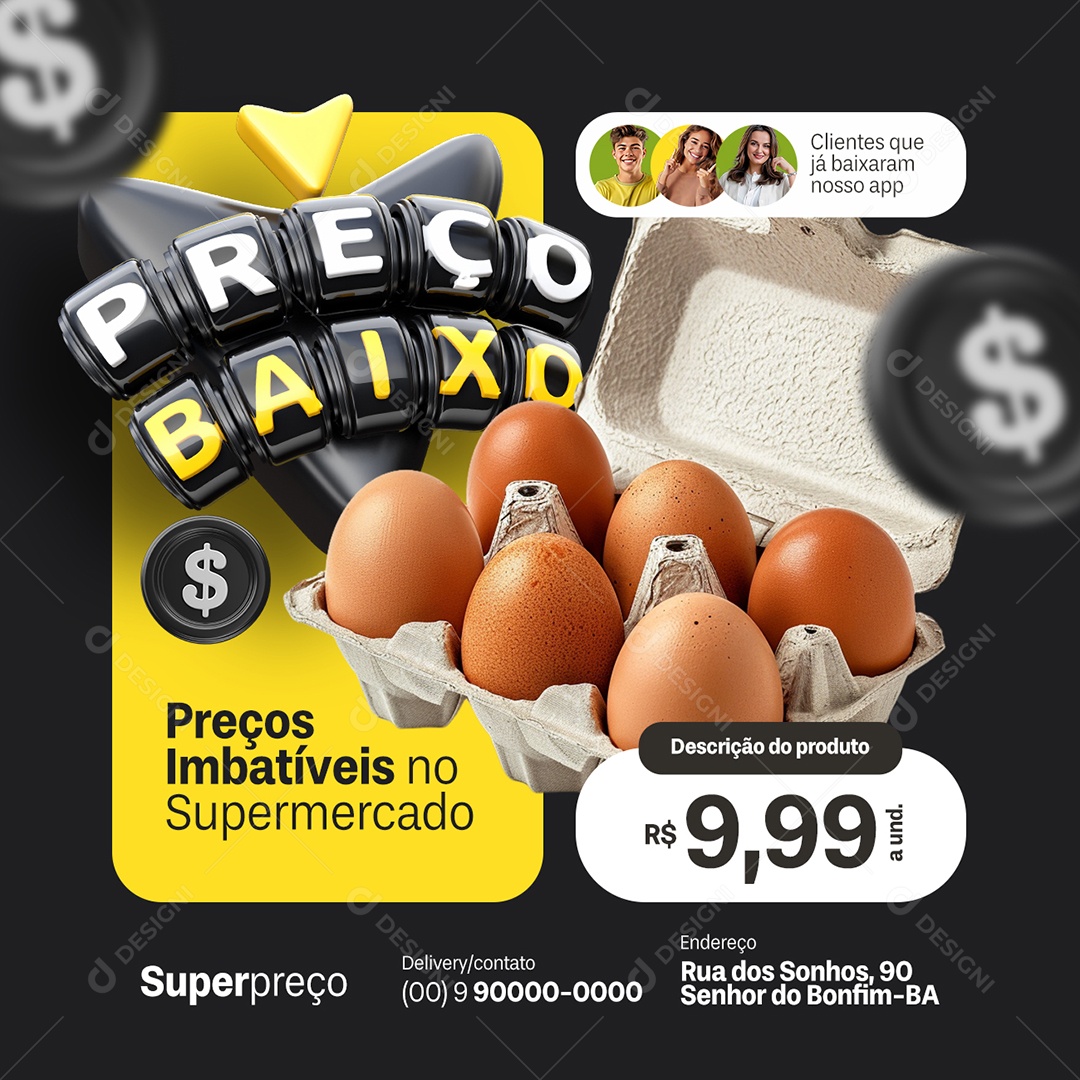 Preço Baixo Supermercado Cartela de Ovos Social Media PSD Editável