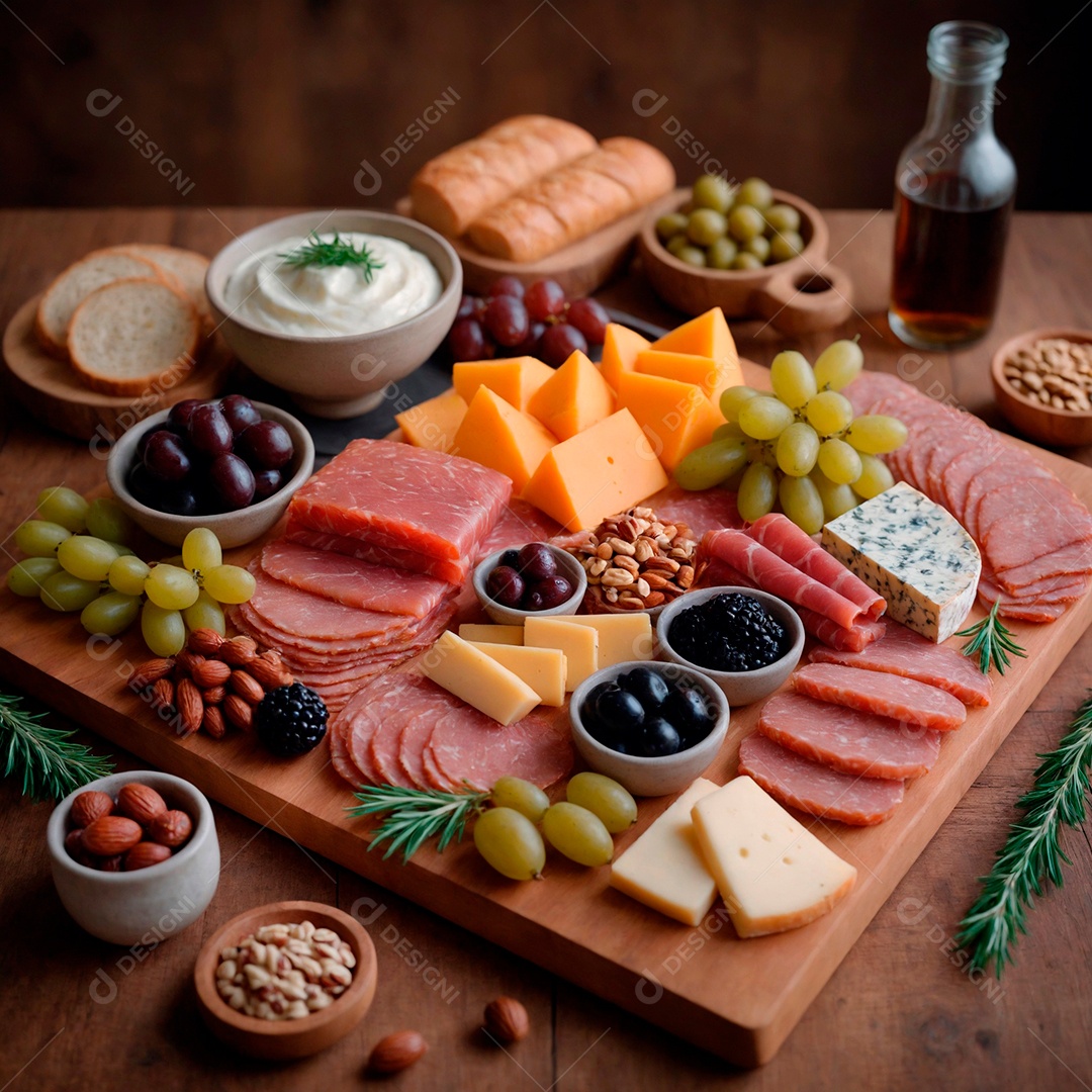 Uma deliciosa e sofisticada tábua de frios perfeita para um jantar a dois salame queijos e frutas sobre mesa de madeira.