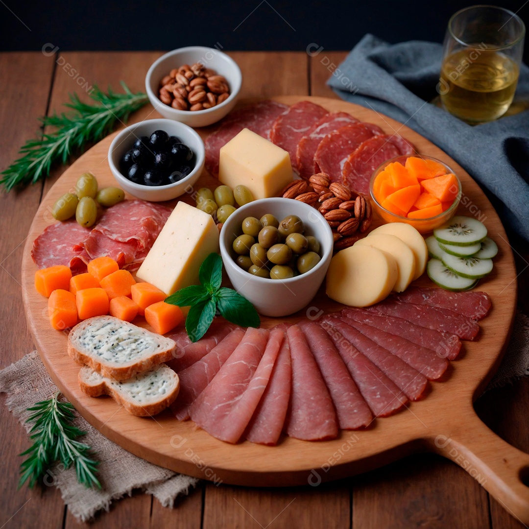 Uma deliciosa e sofisticada tábua de frios perfeita para um jantar a dois salame queijos e frutas sobre mesa de madeira.