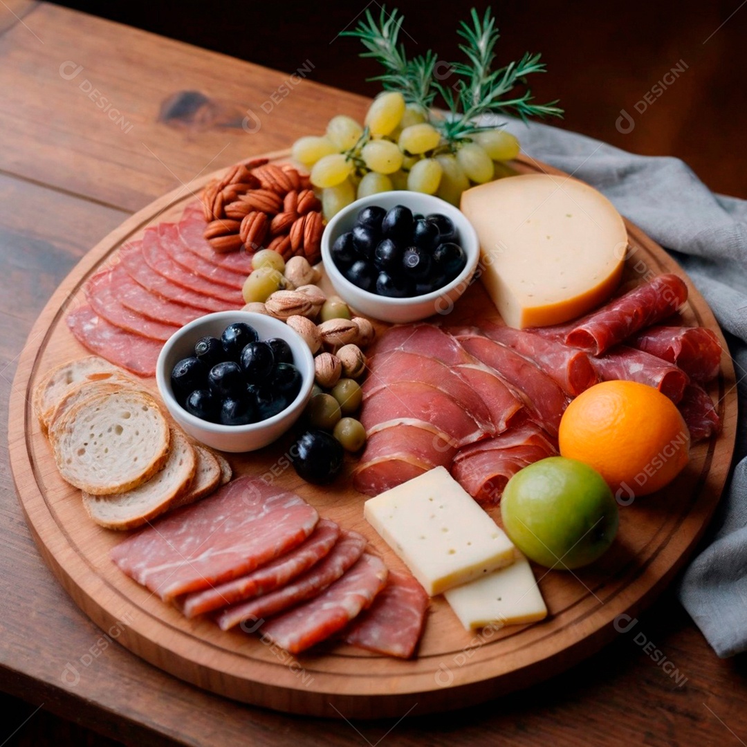 Uma deliciosa e sofisticada tábua de frios perfeita para um jantar a dois salame queijos e frutas sobre mesa de madeira.