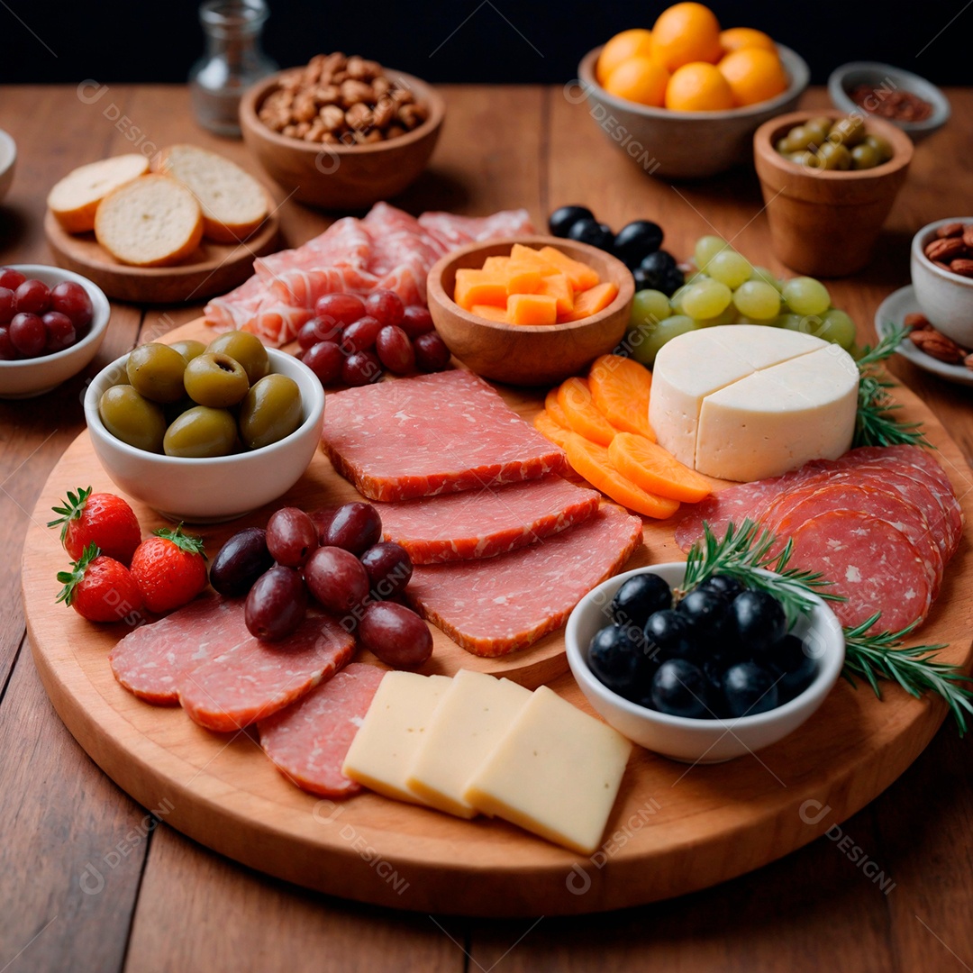 Uma deliciosa e sofisticada tábua de frios perfeita para um jantar a dois salame queijos e frutas sobre mesa de madeira.