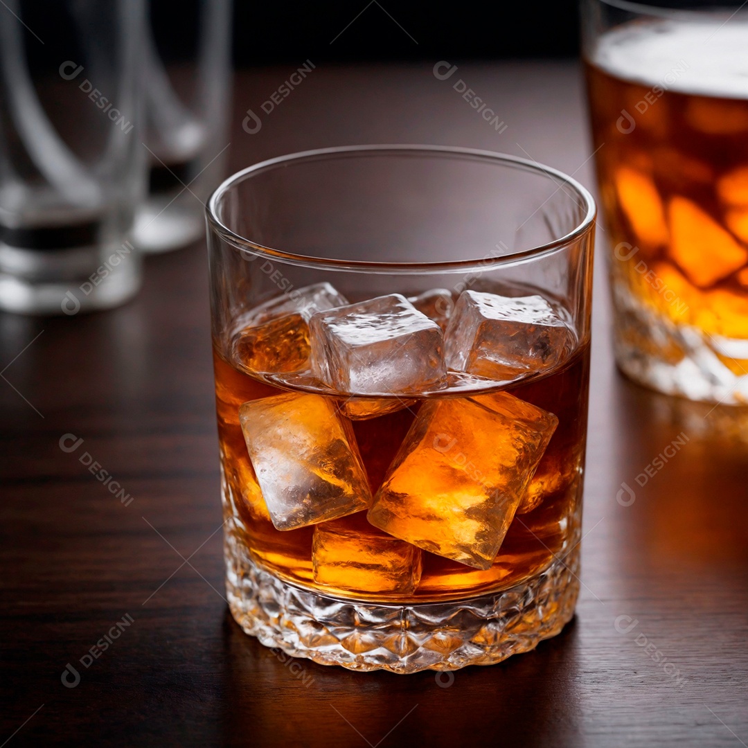 Saboroso whisky com pedras de gelo sobre fundo desfocado.