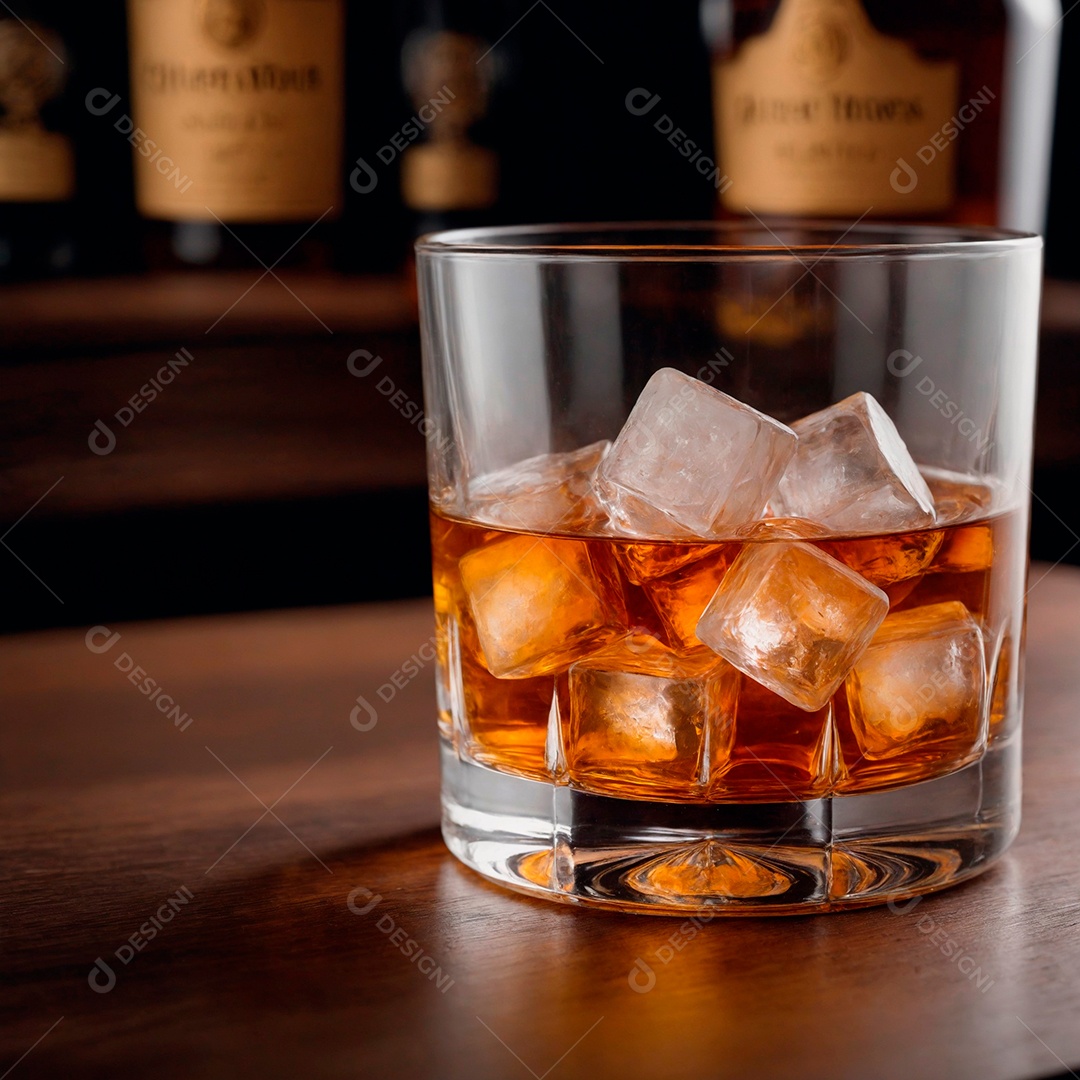 Saboroso whisky com pedras de gelo sobre fundo desfocado.