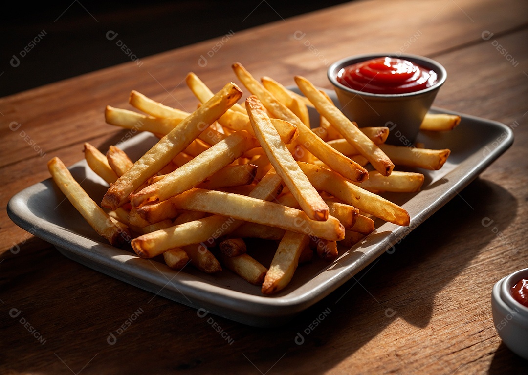 Saborosas batatas fritas acompanhadas com ket-chup sobre mesa de madeira