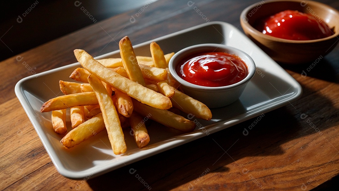 Saborosas batatas fritas acompanhadas com ket-chup sobre mesa de madeira