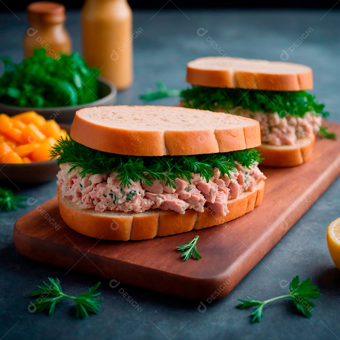 Delícioso sanduíche de atum sobre tábua de madeira.