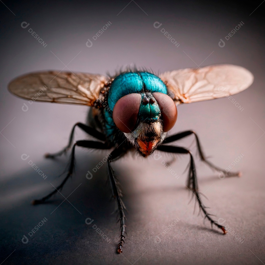 Grande mosca doméstica sobre fundo desfocado.