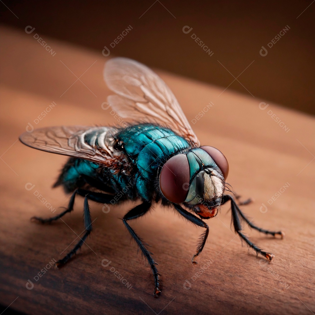 Grande mosca doméstica sobre fundo desfocado.