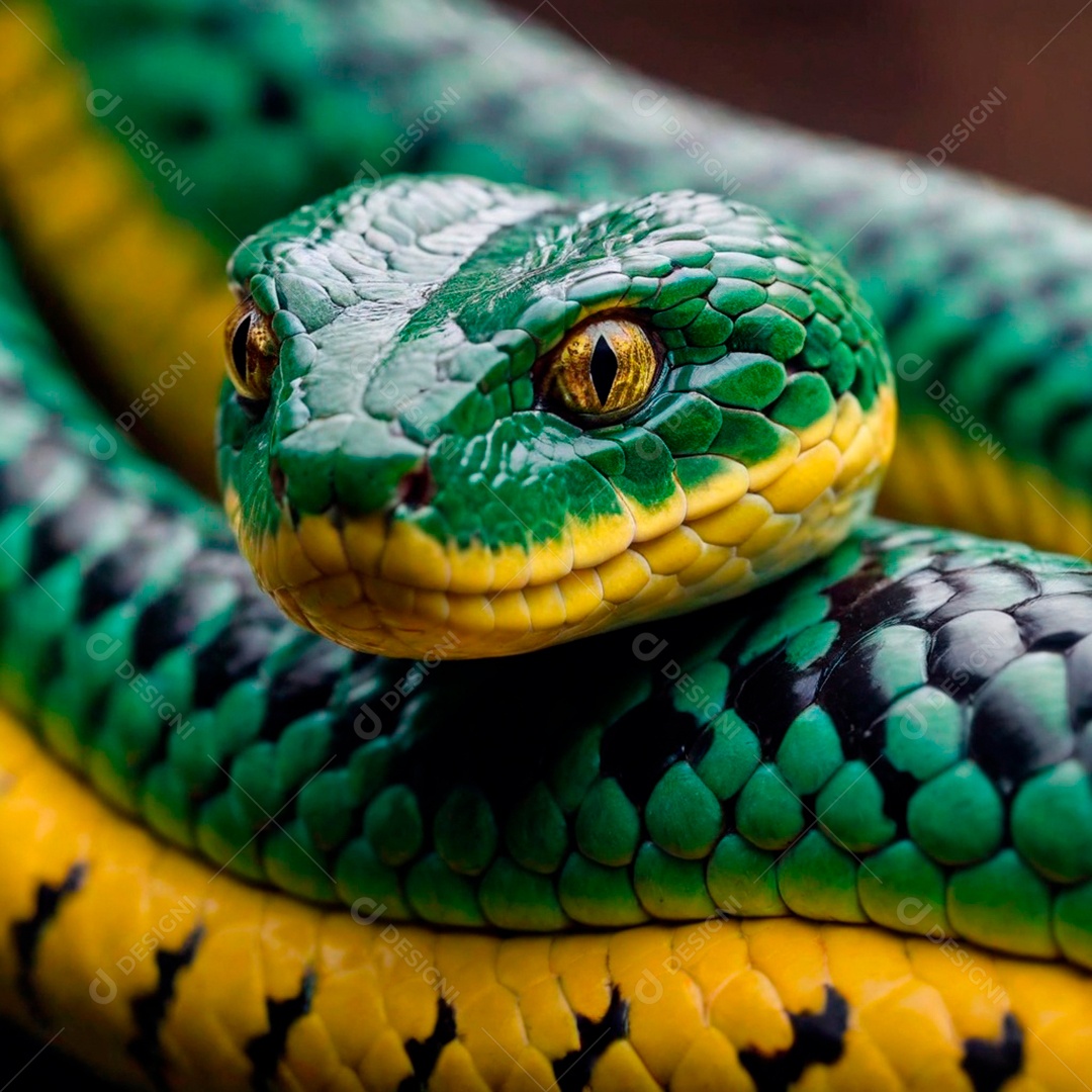 Linda cobra com coloração perfeita verde amarela e preta sobre fundo desfocado.