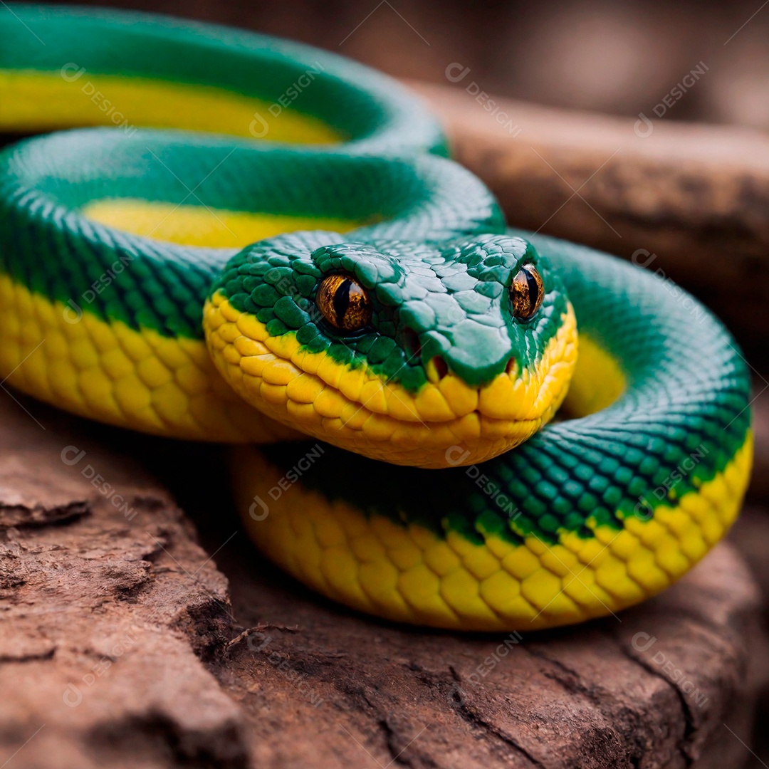 Linda cobra com coloração perfeita verde amarela e preta sobre fundo desfocado.