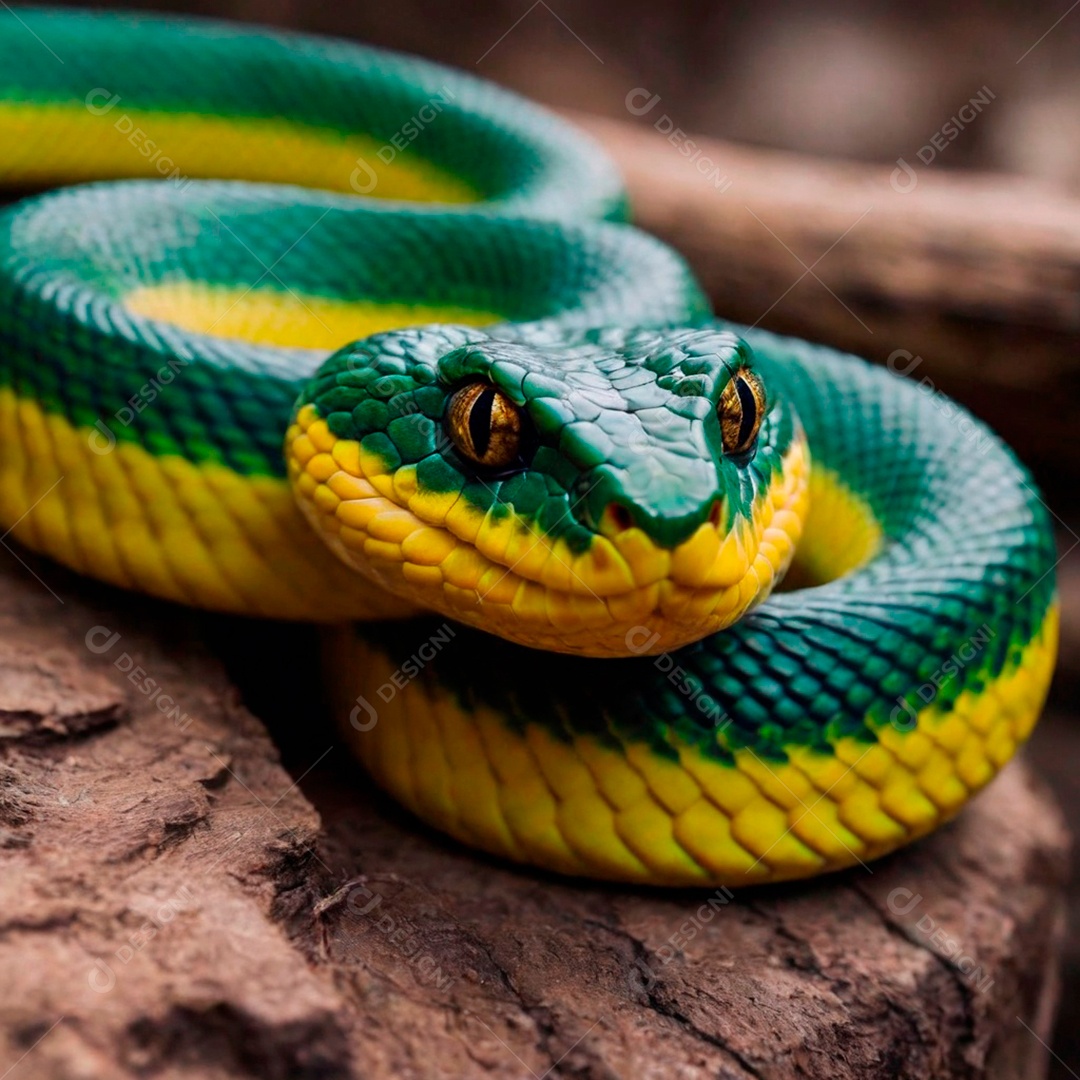 Linda cobra com coloração perfeita verde amarela e preta sobre fundo desfocado.