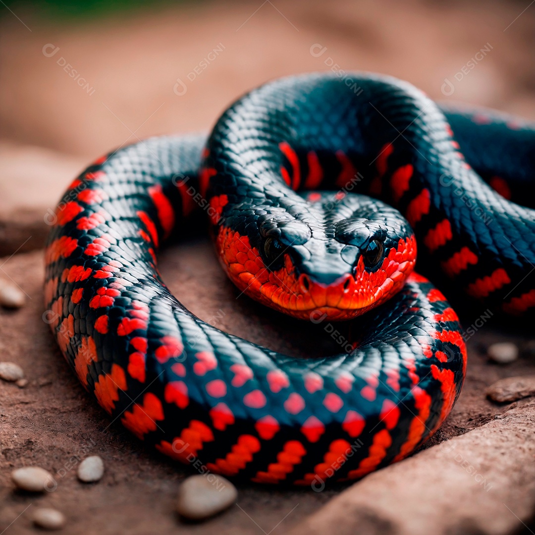 Linda cobra com coloração perfeita vermelha e preta sobre fundo desfocado.