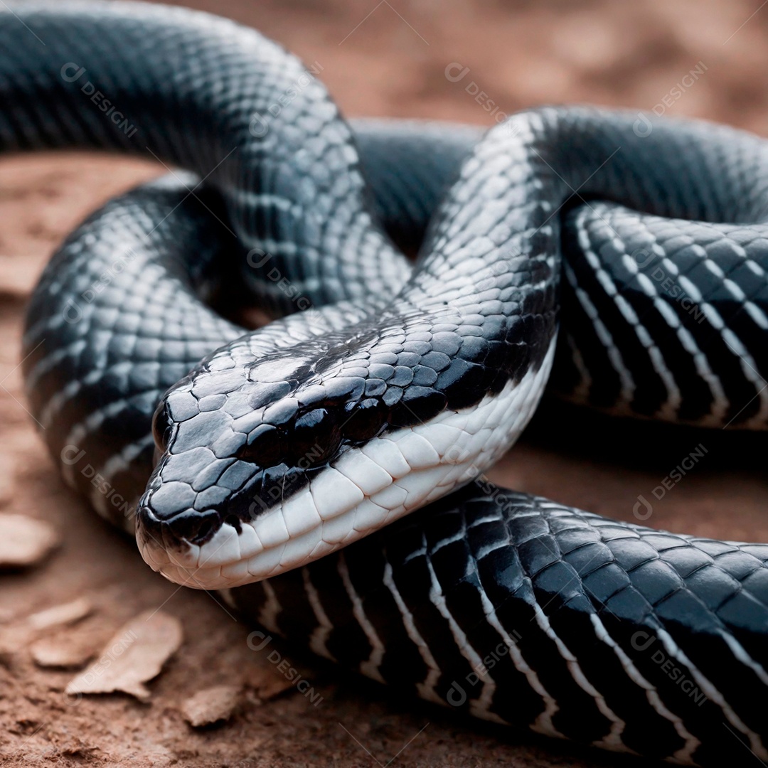 Linda cobra com coloração perfeita branca e preta sobre fundo desfocado.