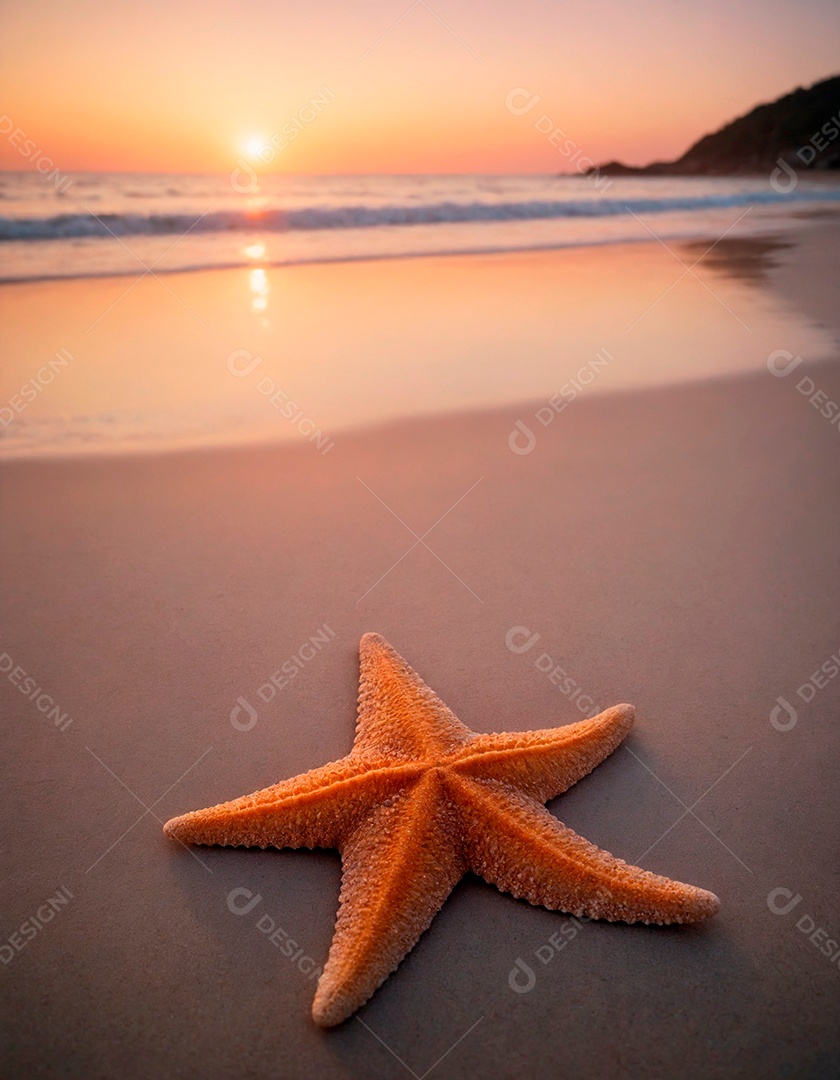 Linda estrela do mar na praia ao pôr do sol.