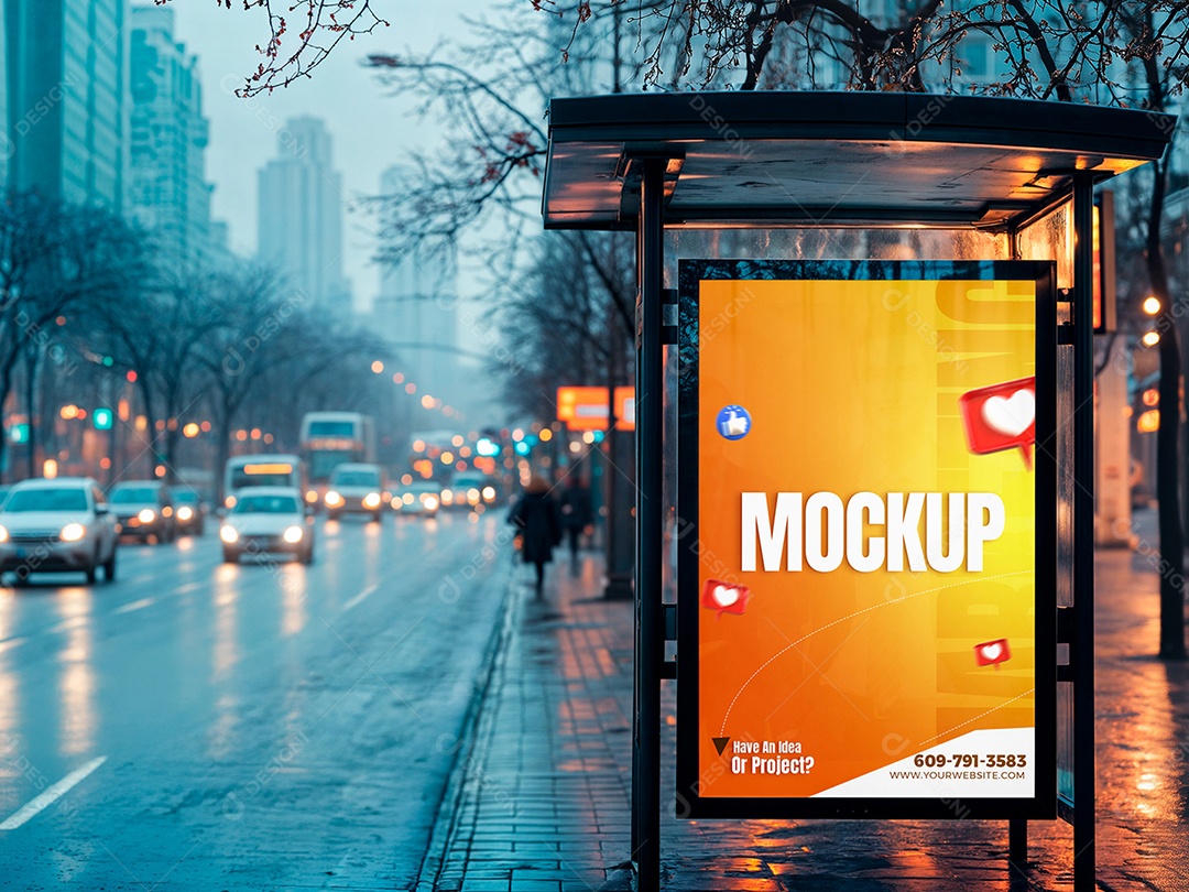 Poster em Ponto de Ônibus Mockup PSD Editável