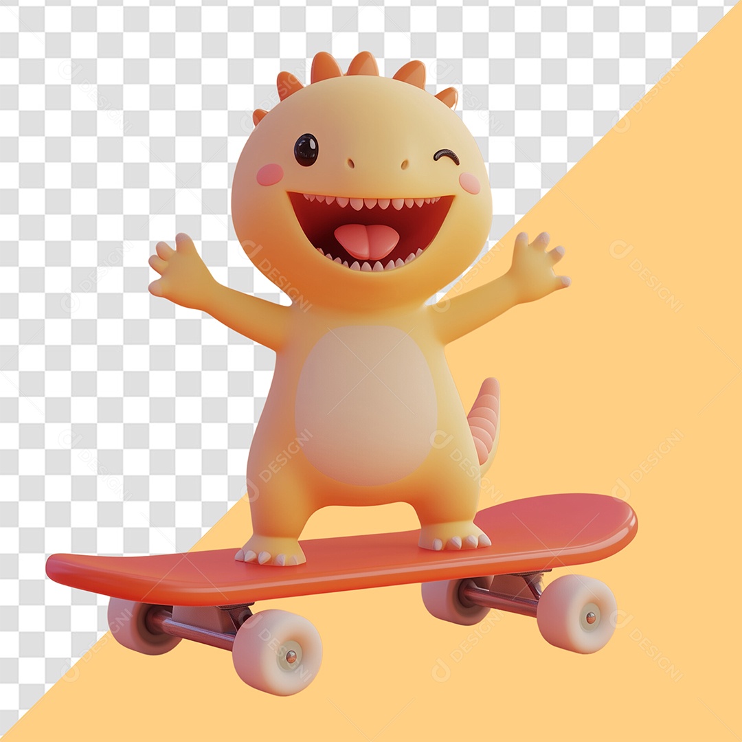 Personagem 3D Dinossauro Andando de skate para Composição PSD