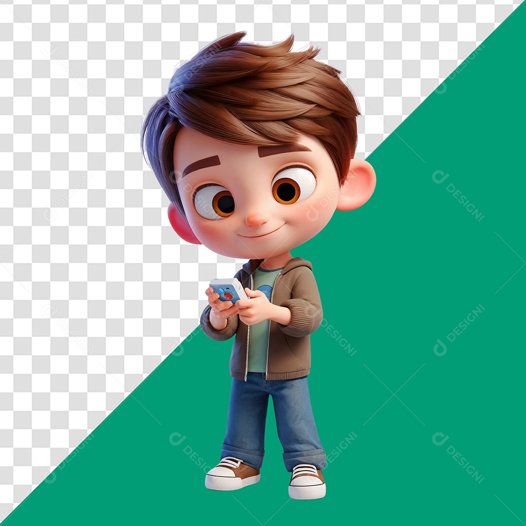 Personagem 3D Criança Com Celular na Mão para Composição PSD