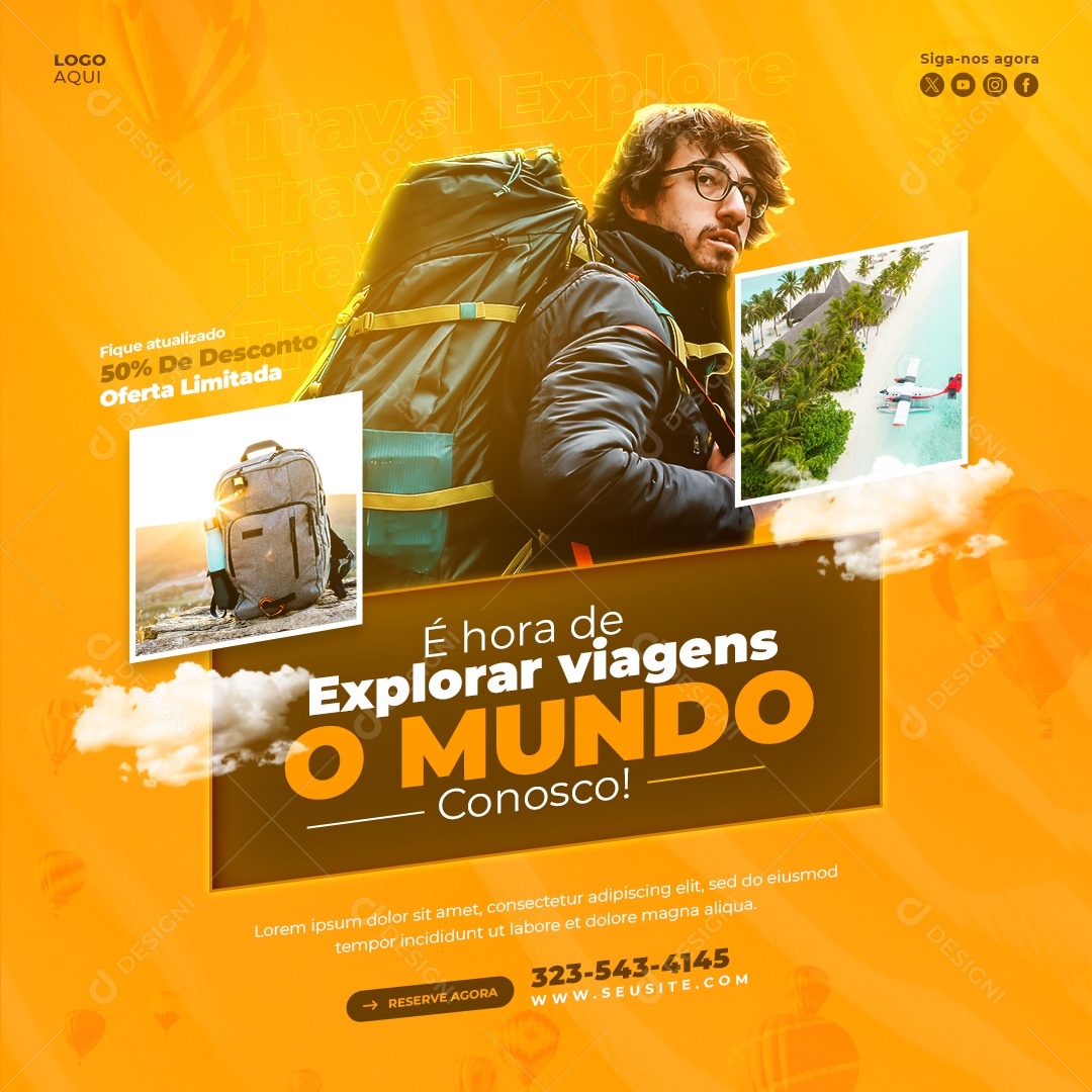 Agência de Viagens É Hora De Explorar Viagens O Mundo Social Media PSD Editável