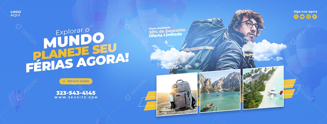 Banner Agência de Viagens Explore O Mundo Planeje Suas Férias Social Media PSD Editável