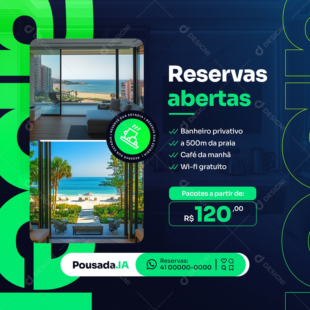 Pousada Reservas Abertas Social Media PSD Editável