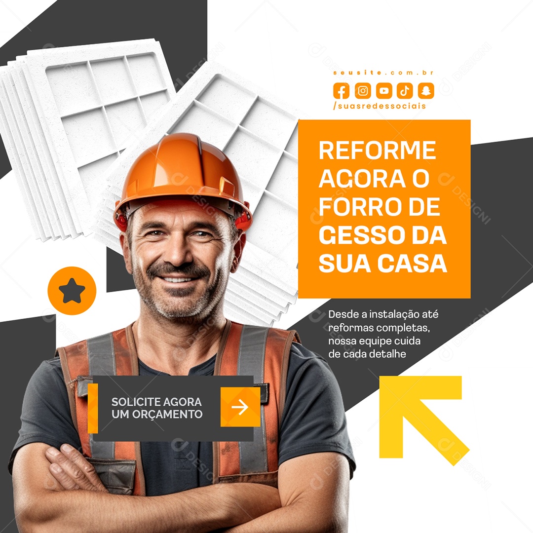 Pedreiro Reforme Agora o Forro de Gesso da Sua Casa Social Media PSD Editável