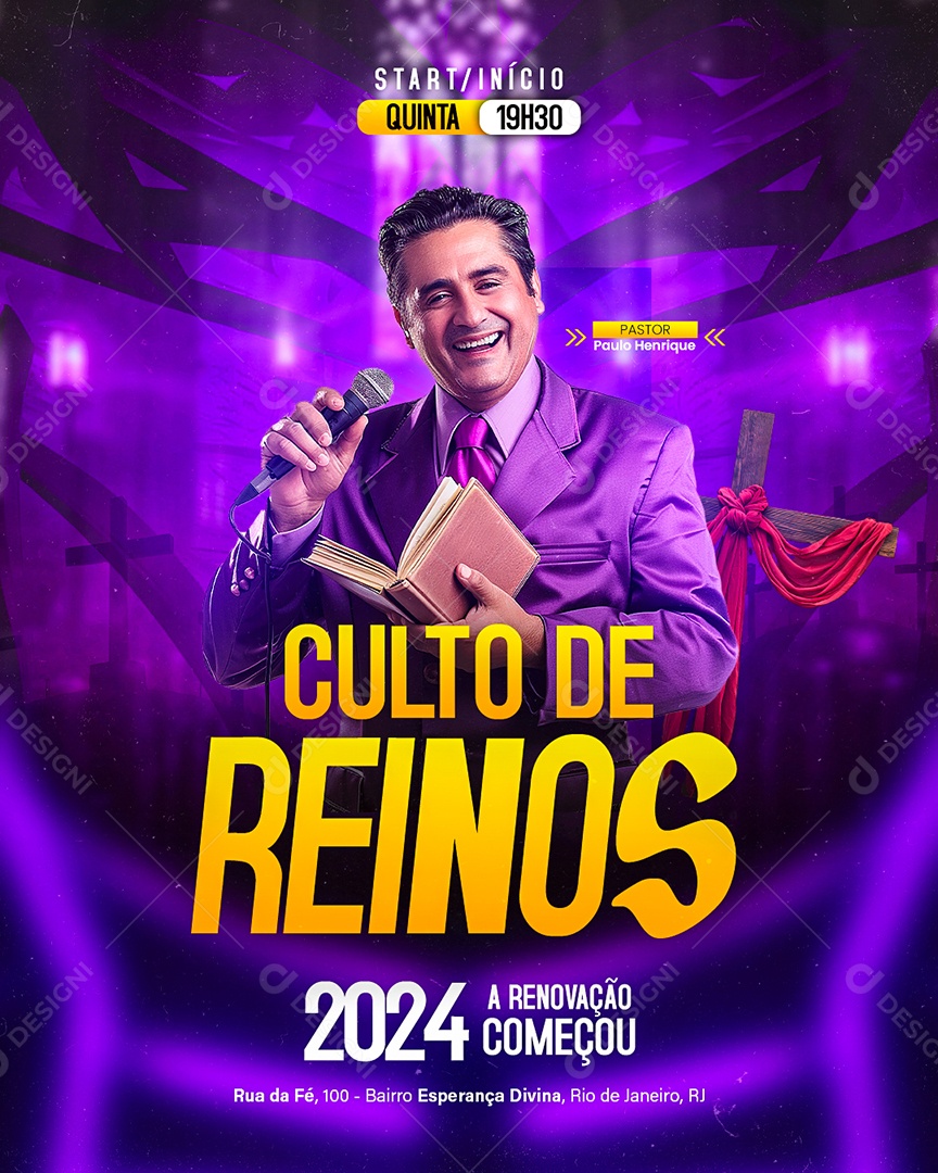 Flyer Gospel Culto de Reinos Social Media PSD Editável