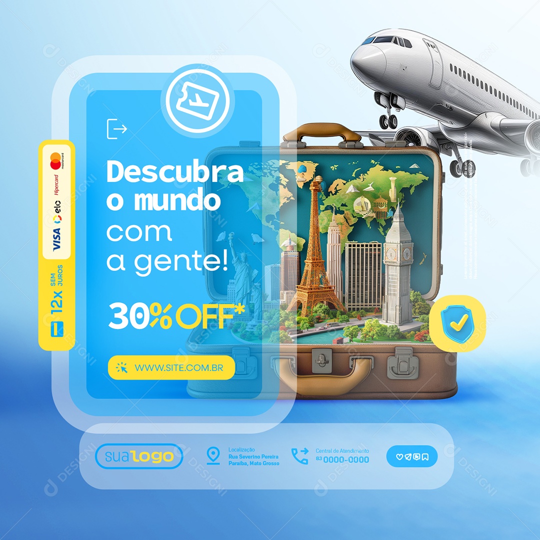Agência de Turismo Descubra o Mundo com a Gente 30% Off Social Media PSD Editável
