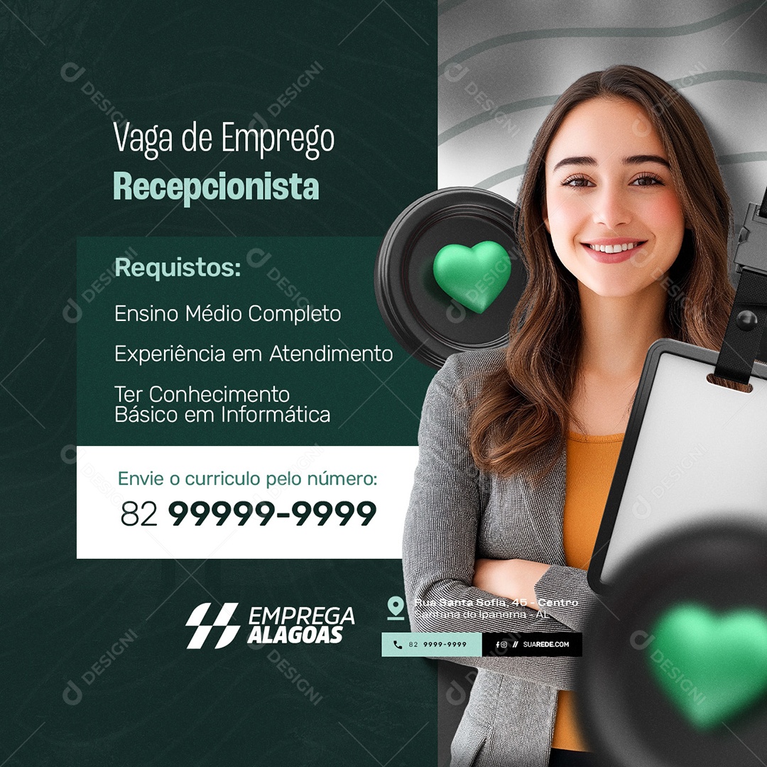 Social Media Vaga de Emprego Recepcionista PSD Editável