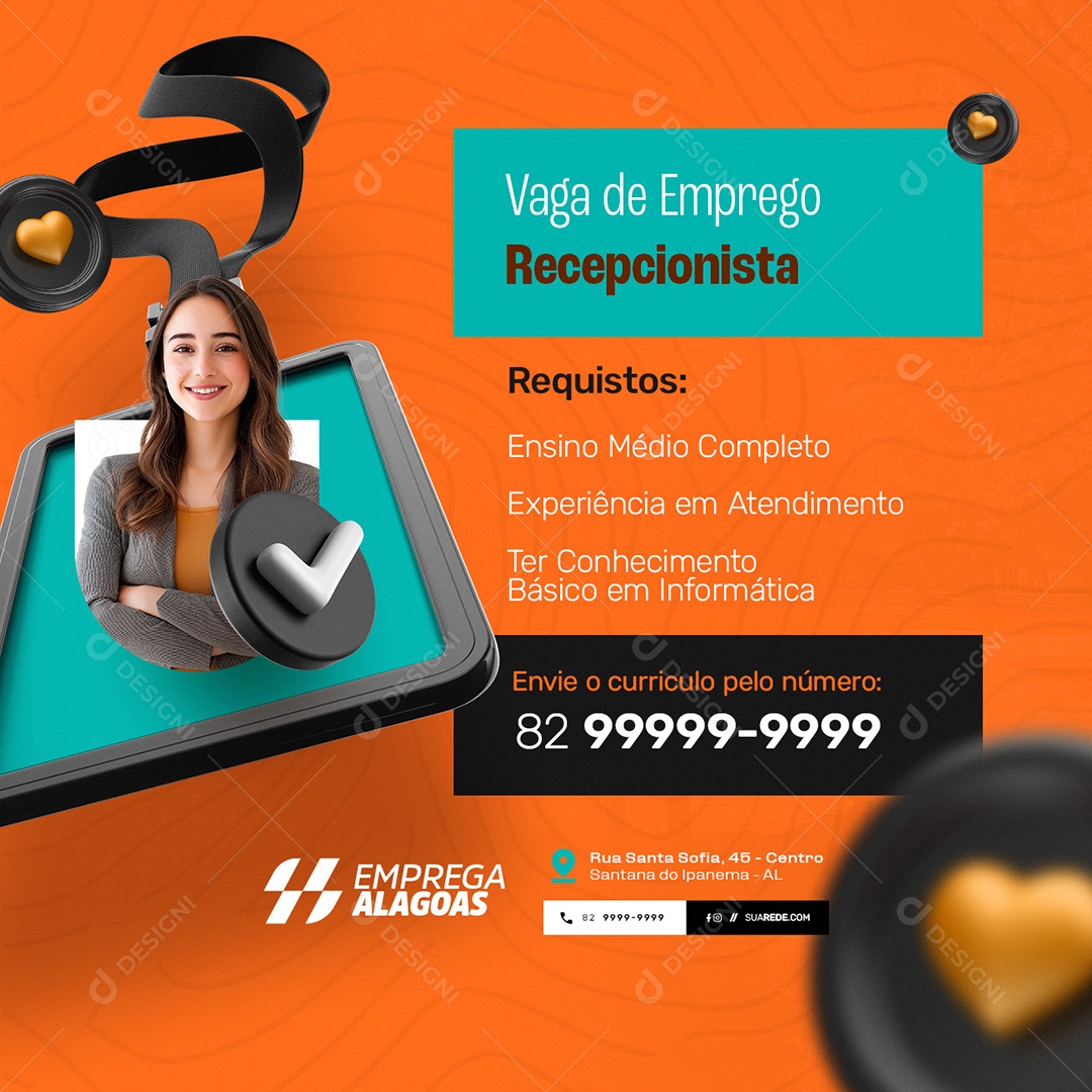 Vaga de Emprego Recepcionista Social Media PSD Editável