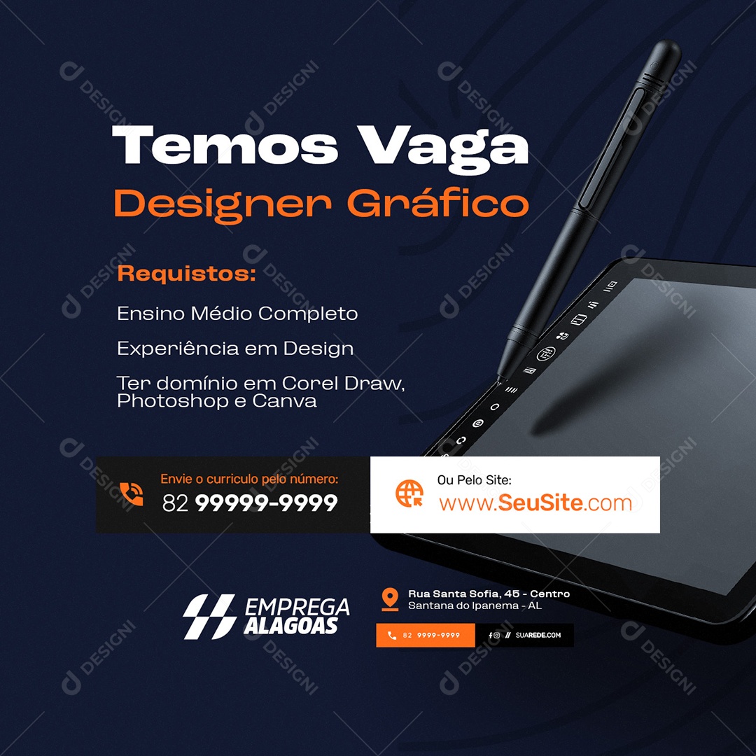 Vaga de Emprego Temos Vagas Designer Gráfico Social Media PSD Editável